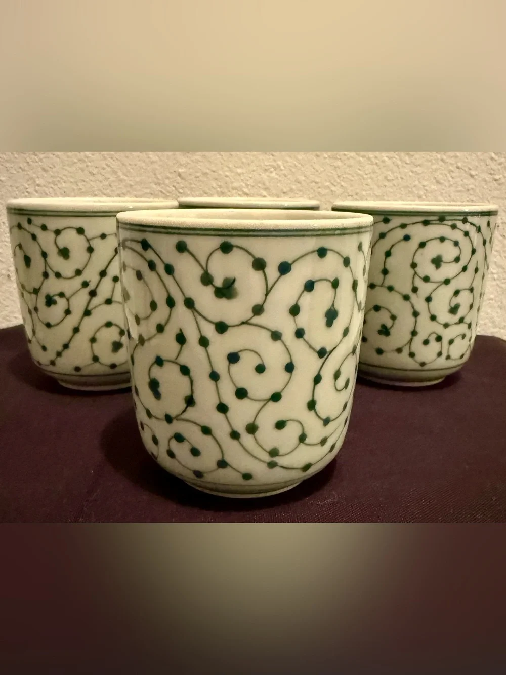 4 IKEA 8oz Entusiasm cups traditional green swirling vine pattern, white ceramic